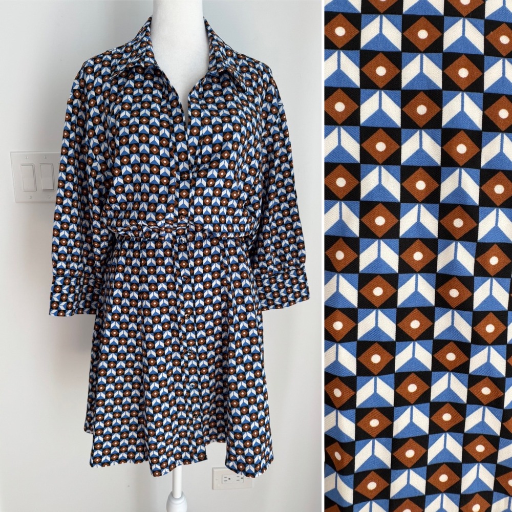 Zara Geometric Print Mini Shirt Dress Blue Brown Elastic Waist Medium